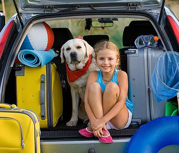 Enfant assise dans le coffre d'une voiture avec son chien, au milieu de valises